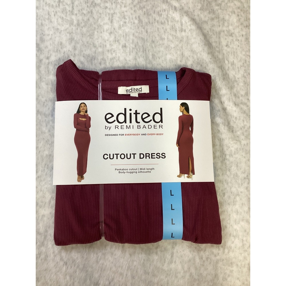 Edited by‎ Remi Bader Womens Cutout Midi Dress Burgundy Ribbed Long Sleeve L NEW